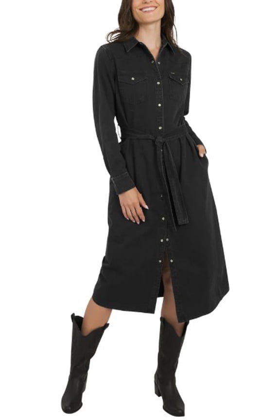 Womens Denim Midi Dress Western Snap Button Belted Shirt Dress - Color Black - Size XS