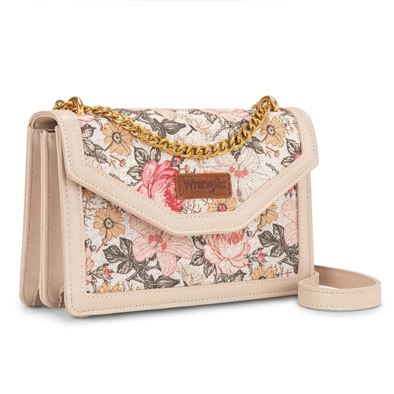 Wrangler Women's Flap Crossbody Purse, Vintage Floral Print Shoulder Bag with Chain Strap, Tan