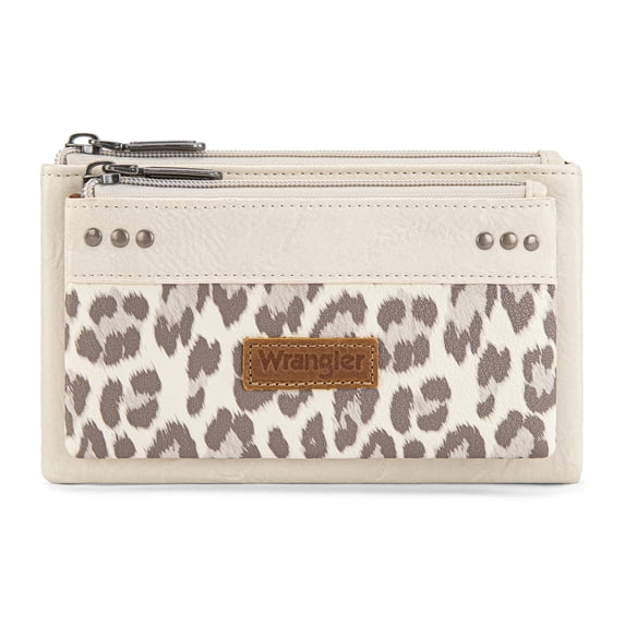 Wrangler Women's Large Minimalist Phone Wallet Stylish Double Zipper Cash Wallet with RFID Protection for Ladies, Beige