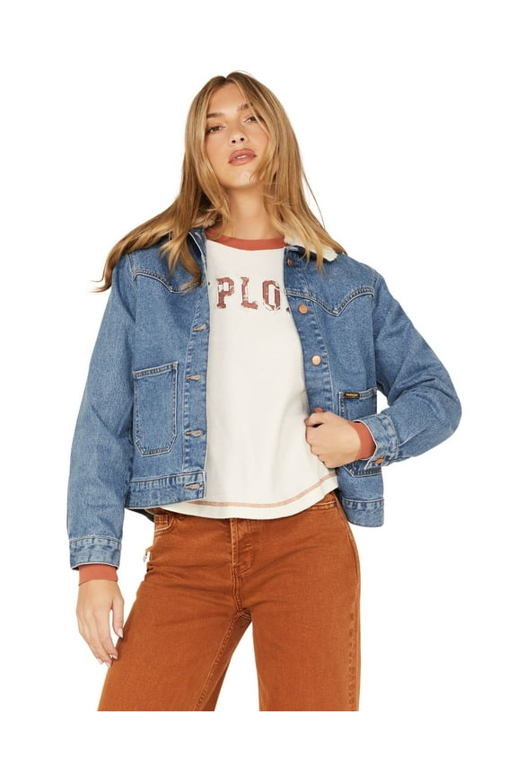 Women's Light Wash Denim Sherpa Collar Western Jacket Blue X-Small US