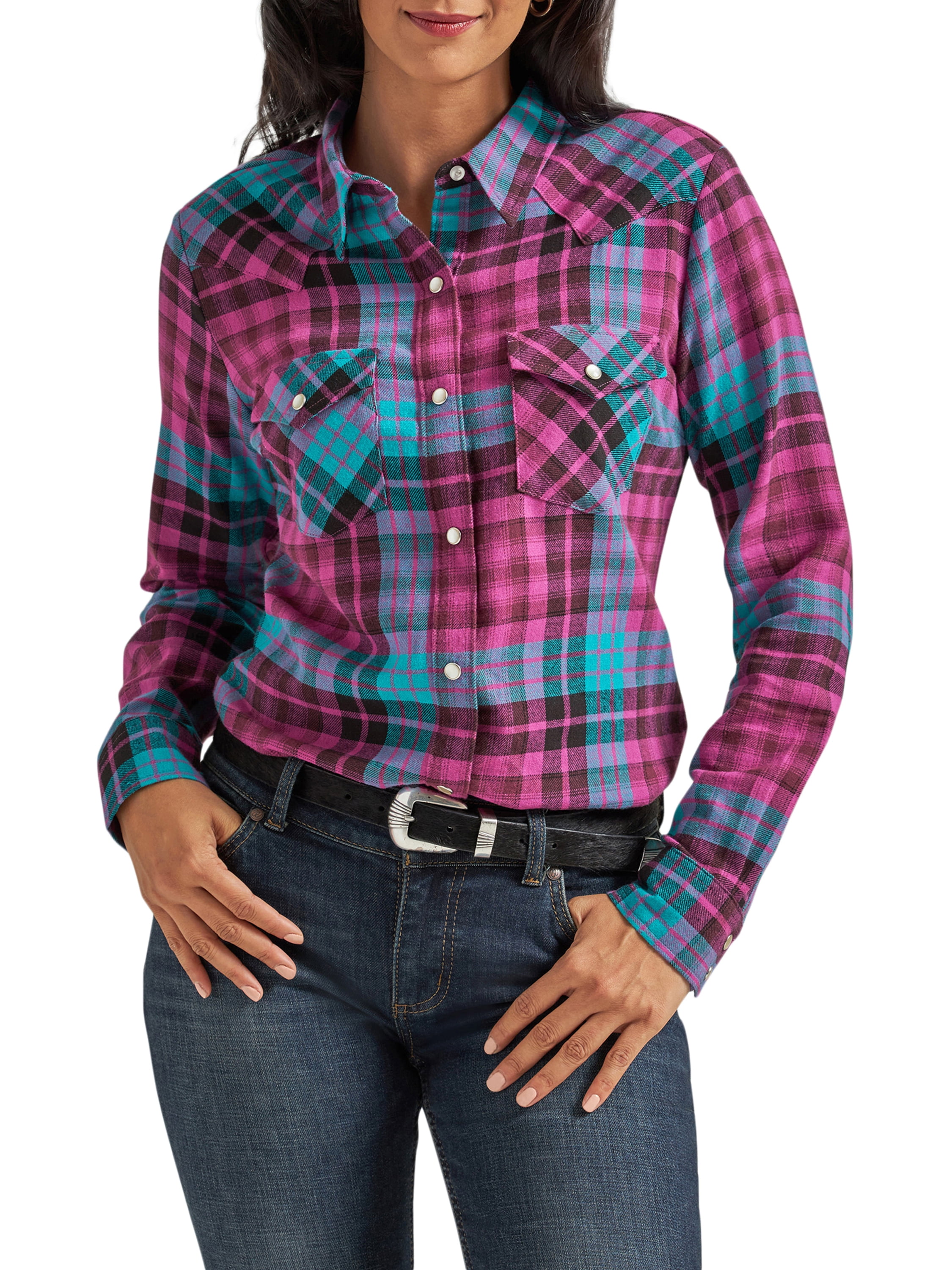 Wrangler® Women's Long Sleeve Western Snap Plaid Shirt - Walmart.com