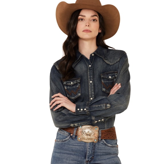 Wrangler Women’s Long Sleeve Western Snap Work Shirt, Denim, XL