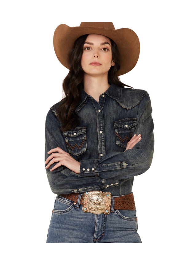 Women’s Long Sleeve Western Snap Work Shirt, Denim, XL