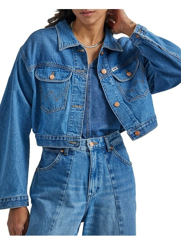 Wrangler Women's Medium Wash Cowboy Cropped Denim Jacket Blue Large
