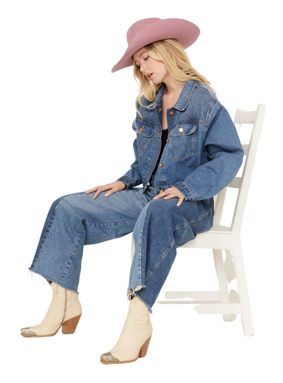 Wrangler Women's Medium Wash Cowboy Cropped Denim Jacket Blue XX-Large