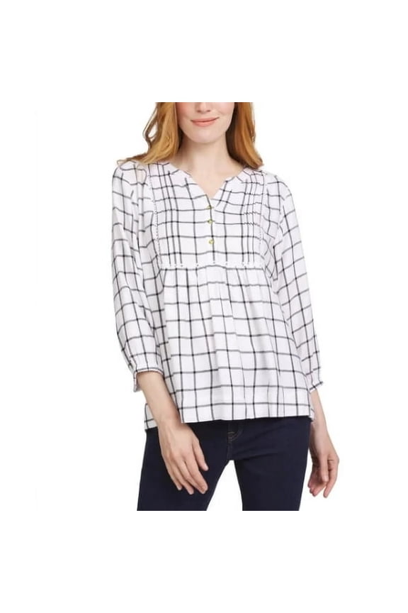 Women's Plaid 3/4 Sleeves Blouse, White, XL