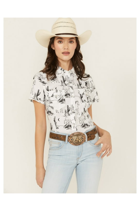 Women's Retro Boot Barn Horse Print Short Sleeve Snap Western Shirt Black/White US