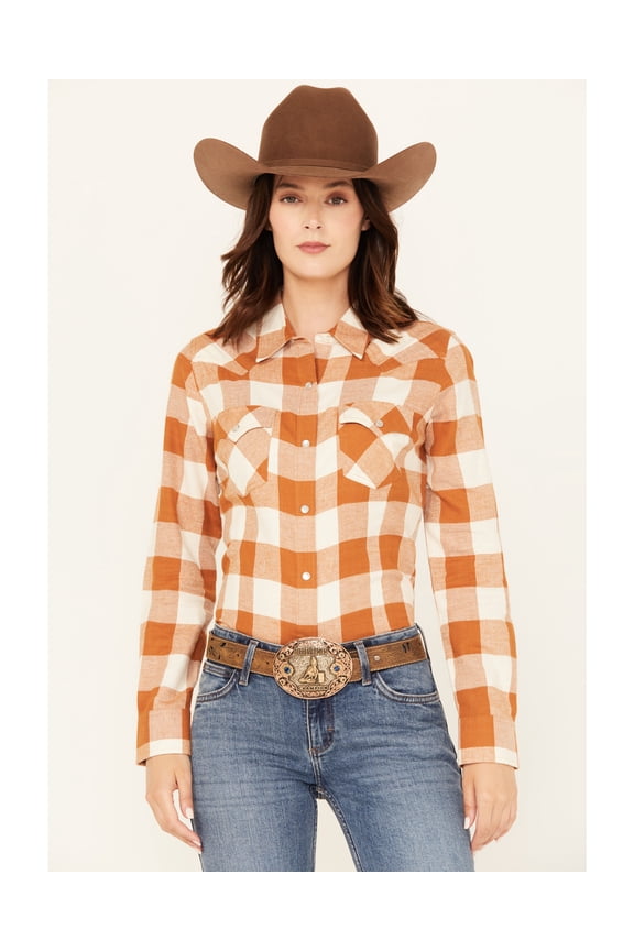 Women's Retro Boot Barn Plaid Print Long Sleeve Pearl Snap Flannel Rust Copper X- US