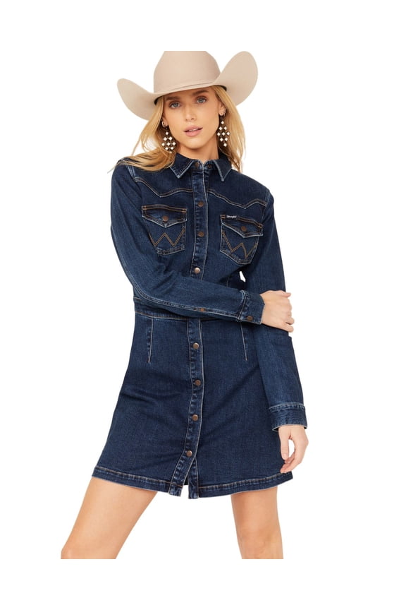 Women's Retro Dark Wash Long Sleeve Denim Mini Dress - 112353126   US