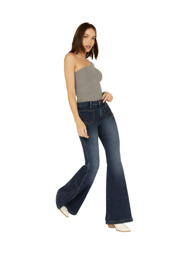 Women's Retro Medium Wash High Rise Flare Patch Pocket Victoria Jeans - 112321422 27W x 32L