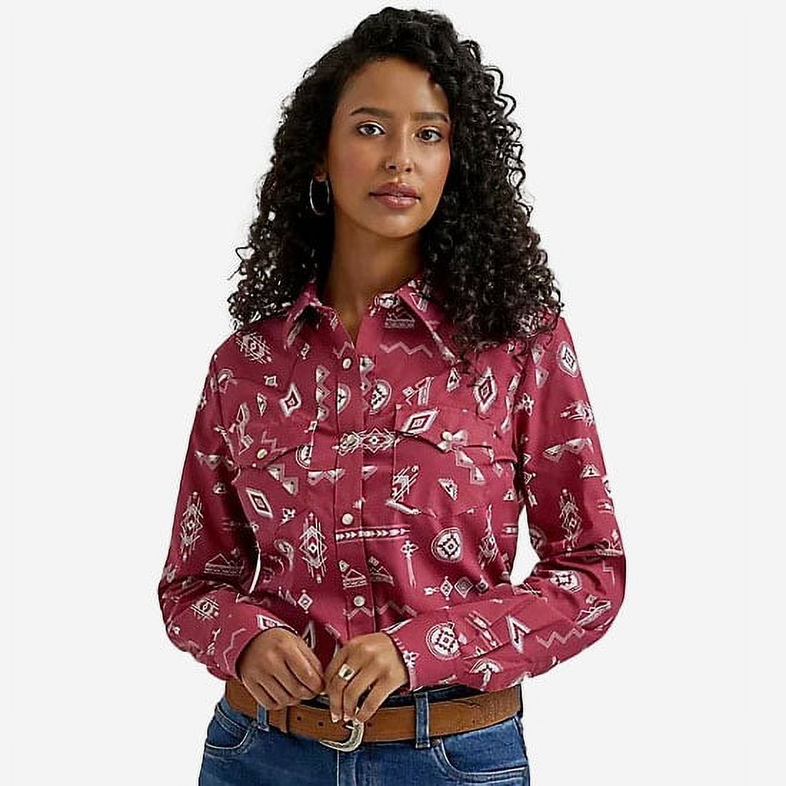 Wrangler Women's Southwestern Print Long Sleeve Pearl Snap Western Shirt  Red US