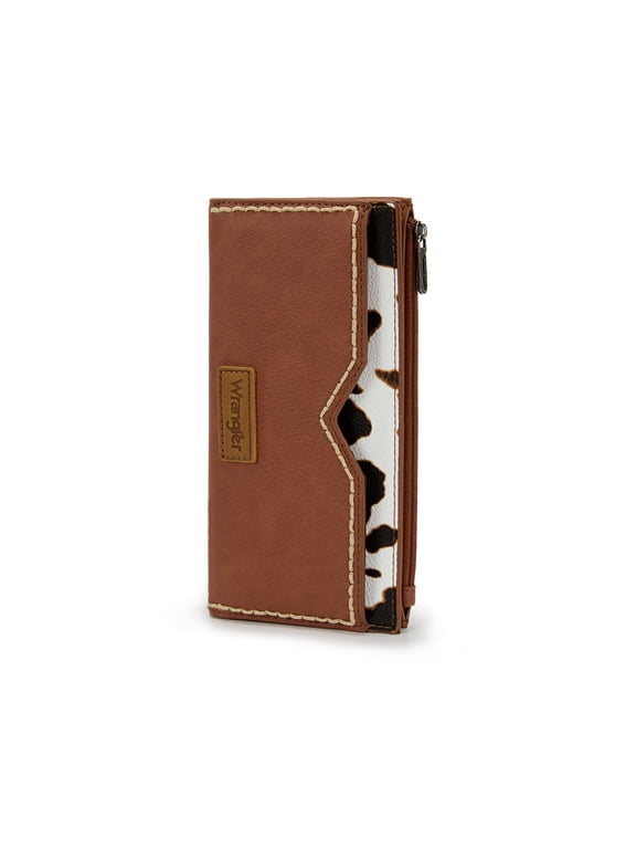 Wrangler Women's Wallets Bifold RFID Blocking Wallets for Women Clutch Crdeit Card Holder with Zipper Coin Pockets, Cow-Brown