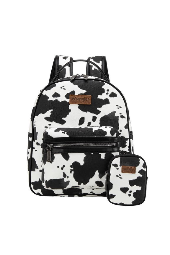 Womens Black Cow Print Backpack with Coin Pouch