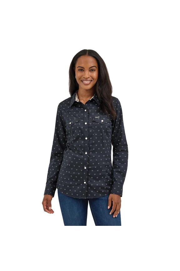 Womens Horseshoe Print Shirt L Black