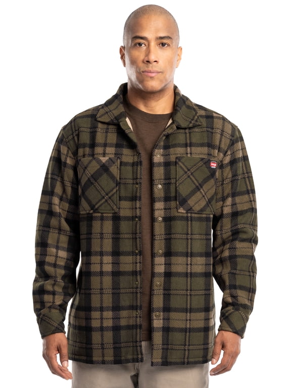 Workwear Men's Button-up Bonded Flannel Texture Long Sleeve Overshirt, Size S-3XL