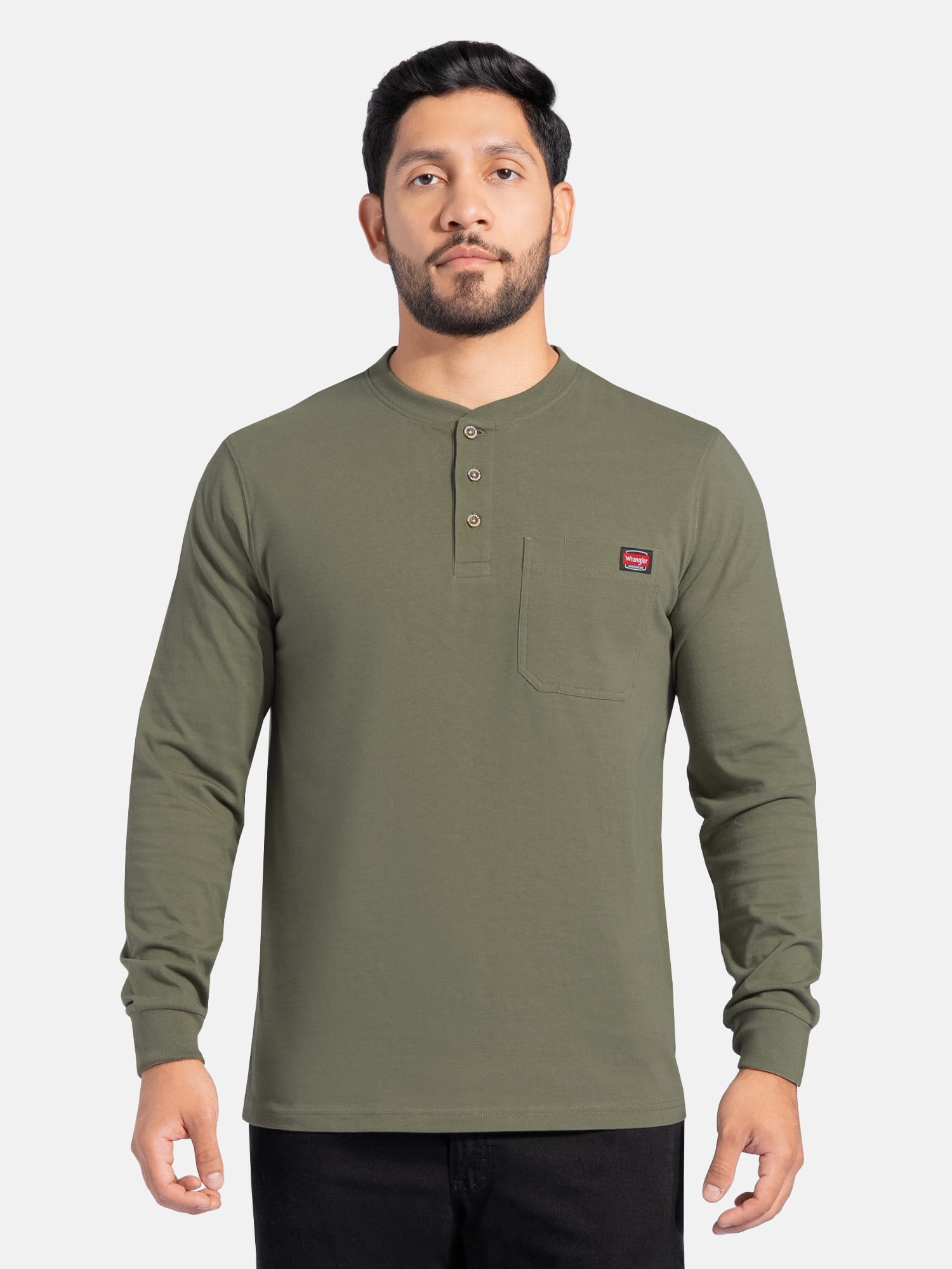 Wrangler Workwear Men's Heavyweight Long Sleeve Henley Pen Pocket Shirt, Size S-3XL