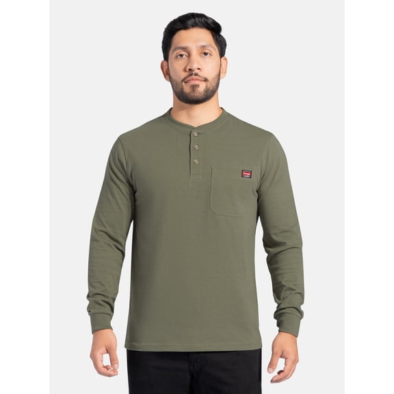 Wrangler Workwear Men's Heavyweight Long Sleeve Henley Pen Pocket Shirt, Size S-3XL
