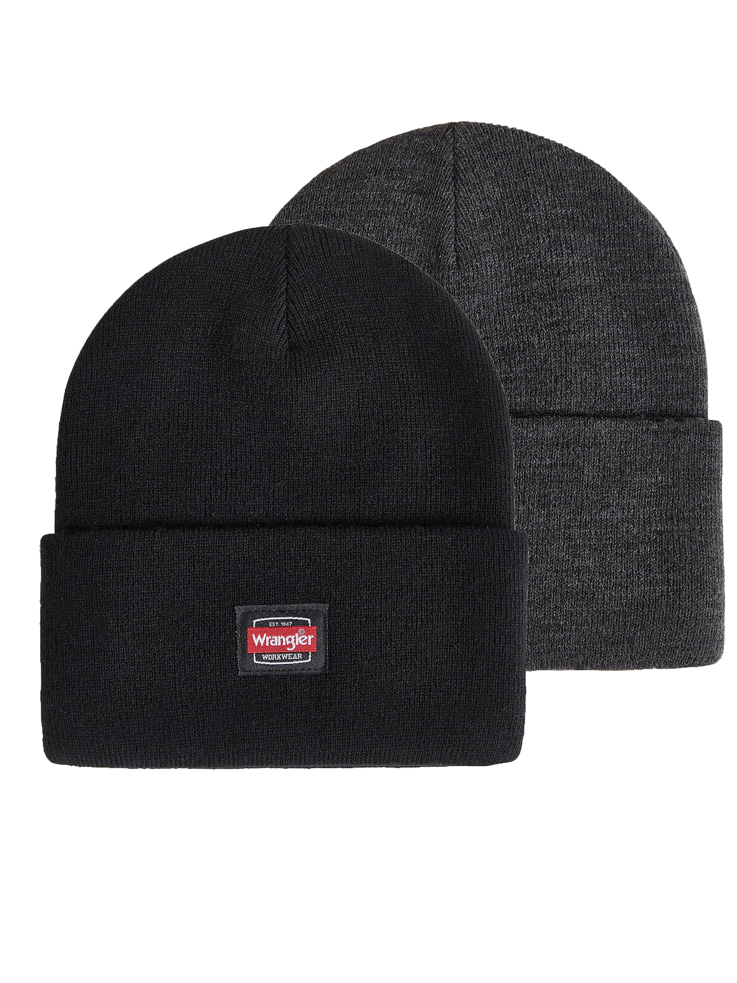 Wrangler Workwear Men's Knit Beanie, Comfort Fit Winter Hat, Black/Charcoal Heather, 2-Pack