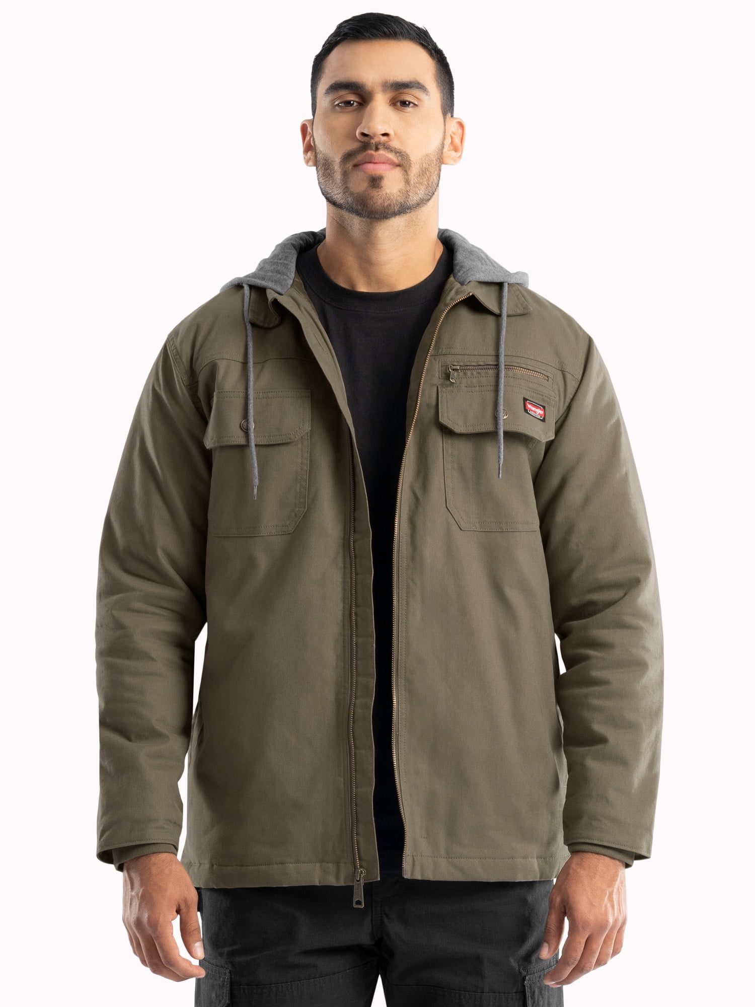 Wrangler Men's Quilted Lined Work Shirt Jacket with Hood, Cotton