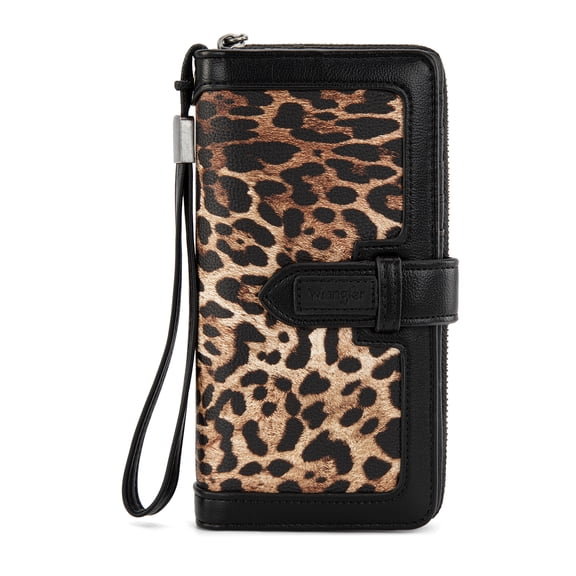 Wrangler Wristlet Wallet Women RFID Blocking Wallet, Card Cases & Money Organizers Large Capacity Bifold Clutch Wallets Ladies Female Card Cash Phone Wallets with ID Window, Lepard-Black
