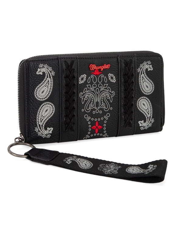 Wrangler Wristlet Wallet for Women, Vegan Leather Checkbook Wallet, RFID Paisley Designer Woman Wallet, Black