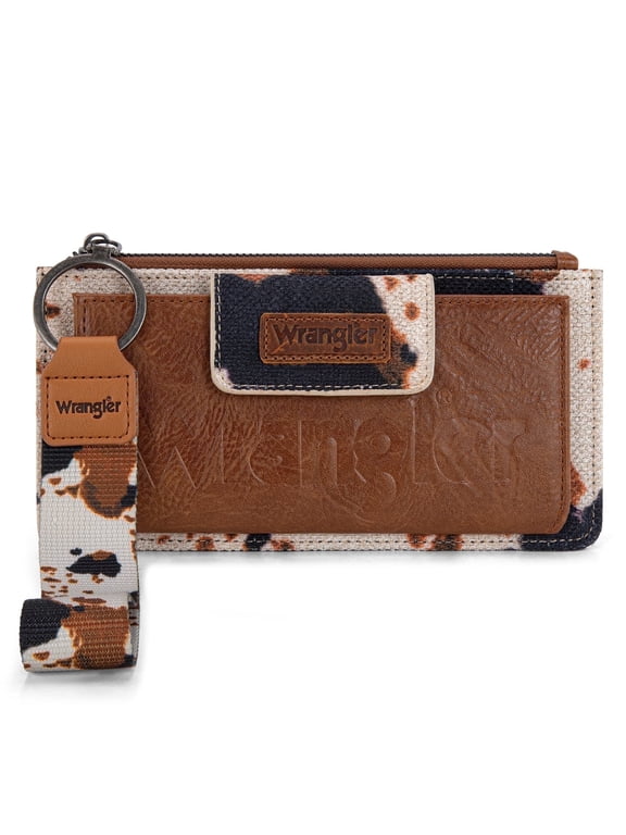 Wrangler Wristlet Wallet for Women Western Clutch RFID Blocking Card Holder, Cow-Brown