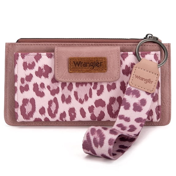 Wrangler Wristlet Wallet for Women with Phone Slot & RFID Protection & Smooth Zipper, Leopard-Pink