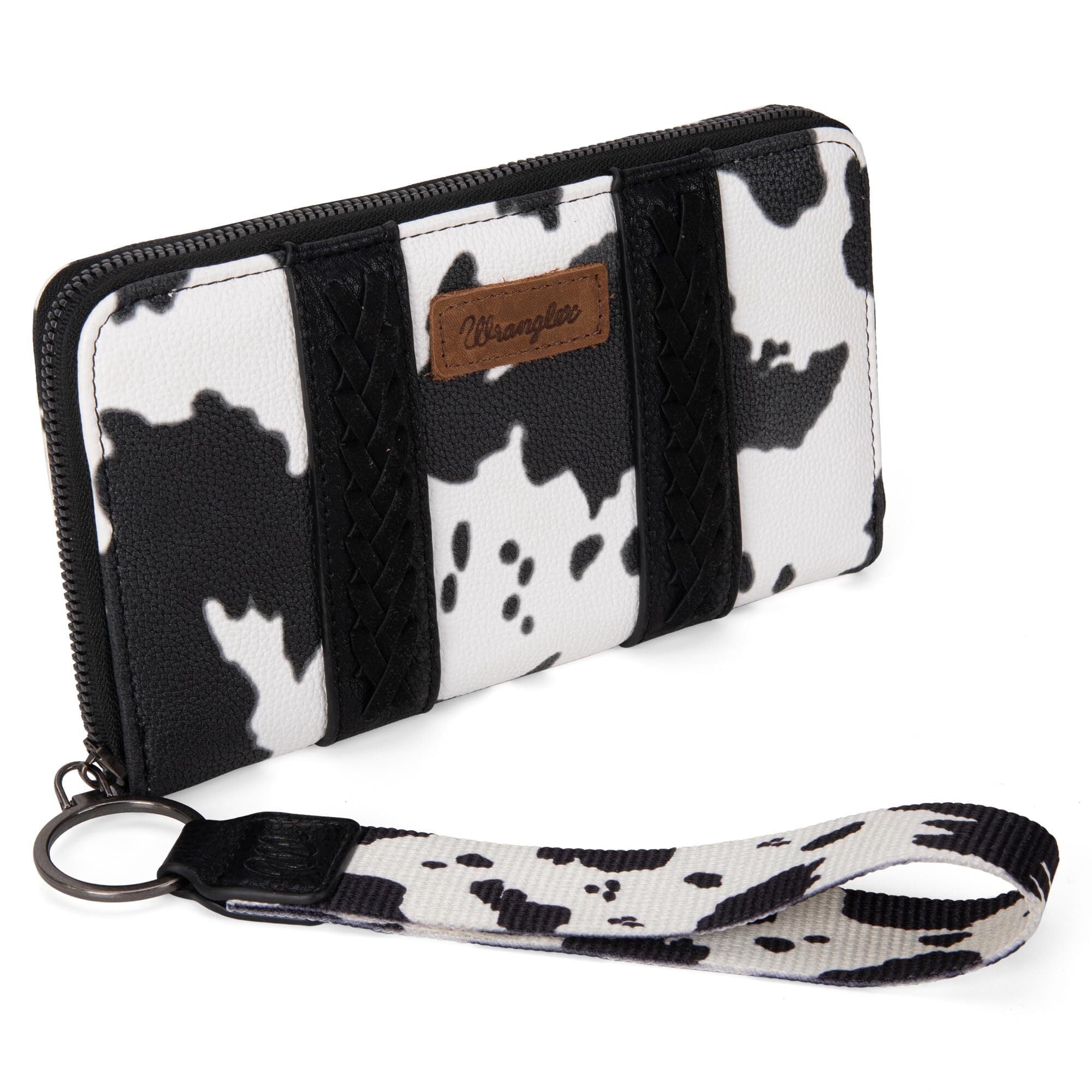 Wrangler Wristlet Western Wallet Boho Aztec Credit Card Holder for Women, Cow Print-Black