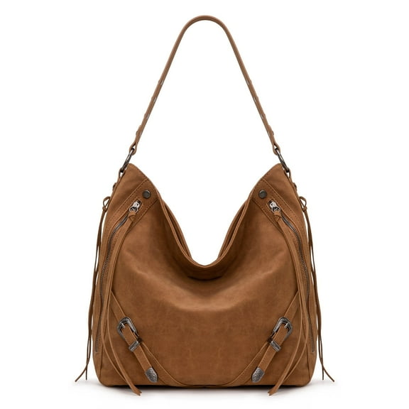 Wrangler Large Hobo Purses and Handbags for Women with Buckle and Fringe Zipper Faux Suede Shoulder Bag, Brown
