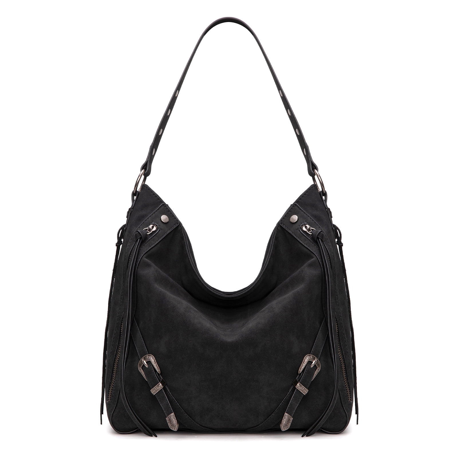 Wrangler Large Hobo Purses and Handbags for Women with Buckle and Fringe Zipper Faux Suede Shoulder Bag, Black