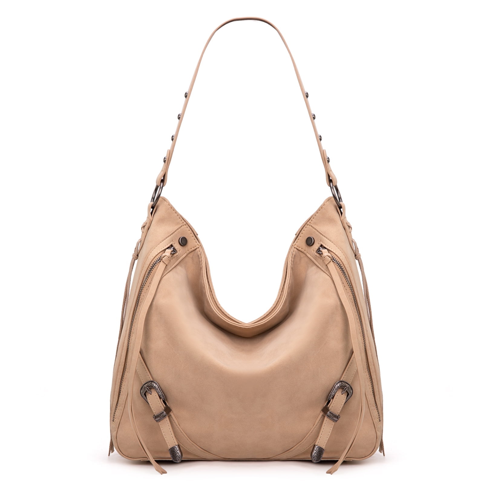 Wrangler Large Hobo Purses and Handbags for Women with Buckle and Fringe Zipper Faux Suede Shoulder Bag, Tan