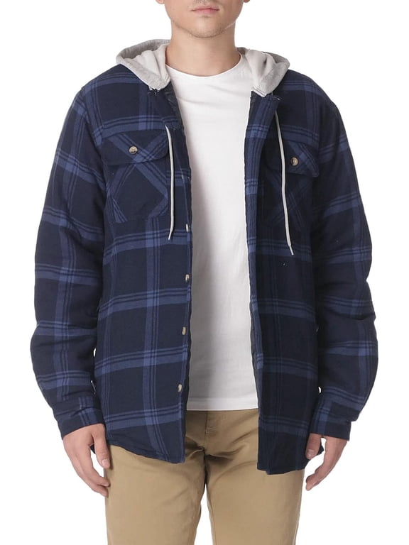 Authentics Men's Long Sleeve Quilted Lined Flannel Shirt Jacket with Hood Medium Total Eclipse With Heather