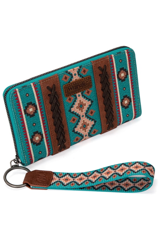 Wrangler Wristlet Western Wallet Boho Aztec Credit Card Holder for Women, Tuiquoise