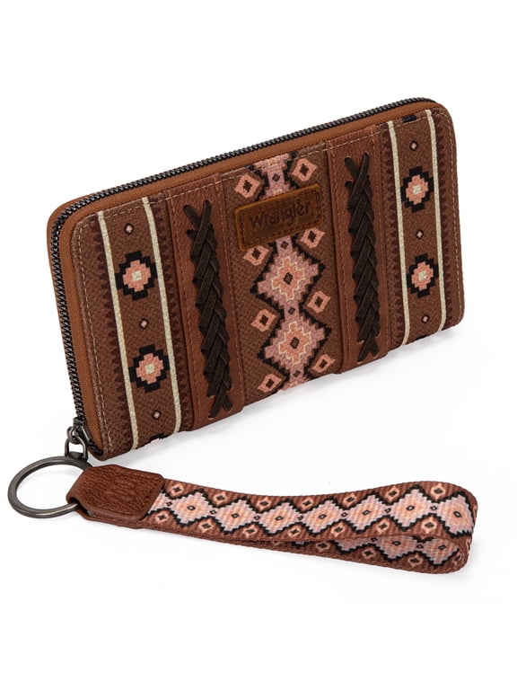 Wrangler Wristlet Western Wallet Boho Aztec Credit Card Holder for Women, Dark Brown