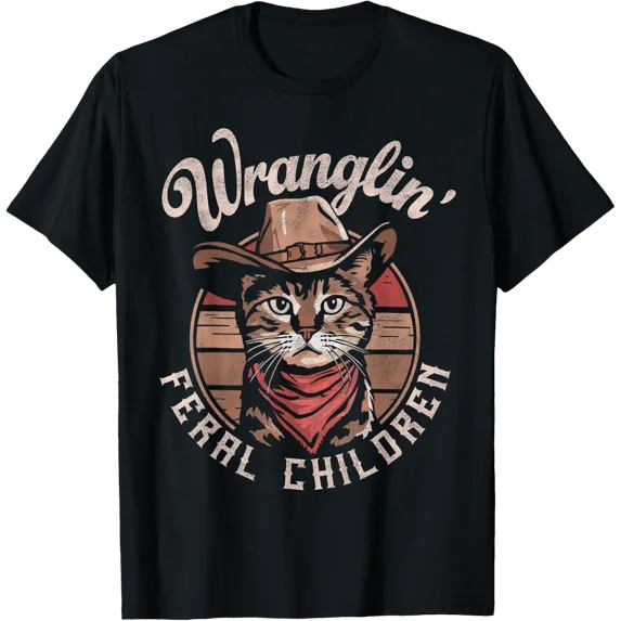 Wranglin' Feral Children Retro Cowboy Cat 90S Western Mom T-Shirt Size S-5XL