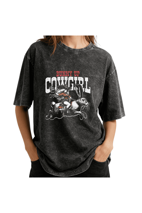 Wranglin' Feral Children Western Desert Cowboy Wash Print Tshirt Graphic Tees Charcoal Oversize S-2XL Casual Tops