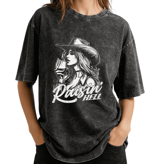 Wranglin' Feral Children Western Desert Cowboy Wash Print Tshirt Graphic Tees Charcoal Oversize S-2XL Casual Tops
