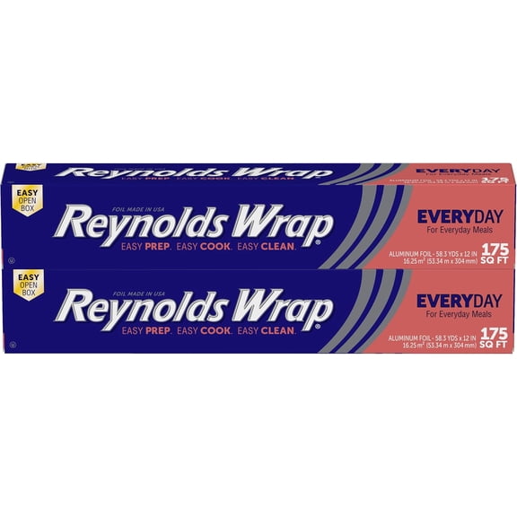 Wrap Aluminum Foil Pack, Aluminum Foil Roll Double Pack, Easily Moldable Around Food for a Tight Seal, Great for Covering Dishes and Storing Leftovers, 2 Pack, 175 Sq. Ft. Rolls