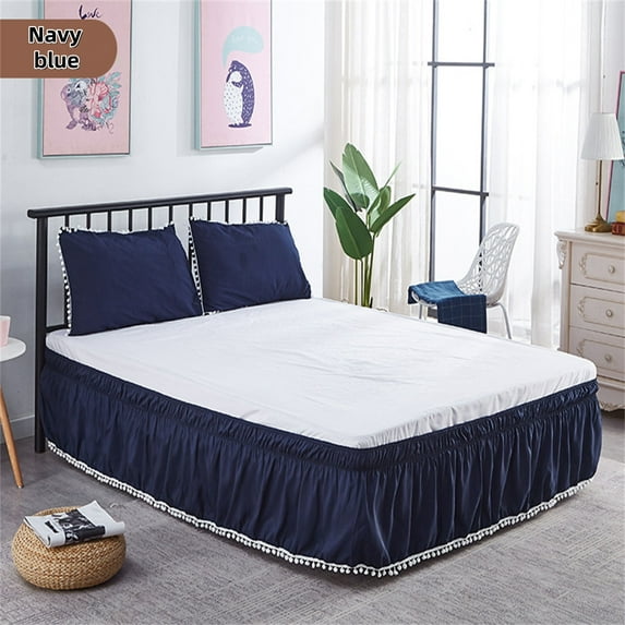 Wrap Around Bed Skirt Elastic Silky Soft Dust Ruffle Pleated Bed Skirt Home Skirt Bedspread-navy blue-135x200x40cm(53x79x16inch)