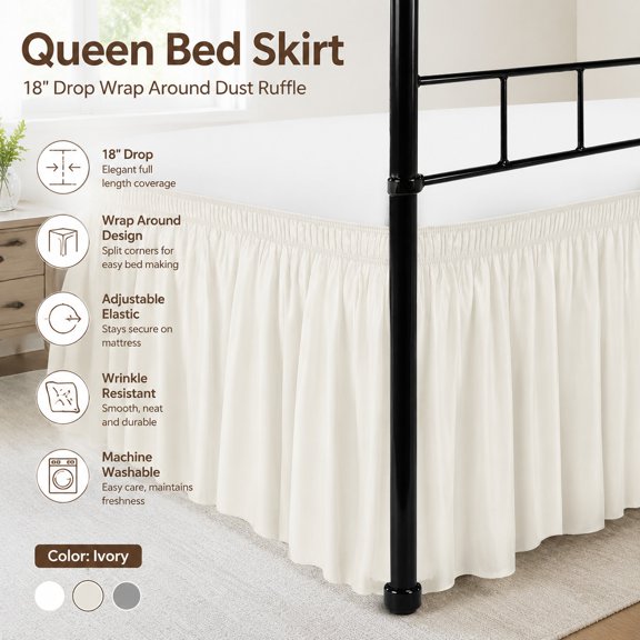 Wrap Around Bed Skirt with Split Corners for Twin/Twin XL Beds 18" Drop, Ivory Dust Ruffle, Adjustable Elastic, Wrinkle Resistant, Soft Silky Fabric, Machine Washable