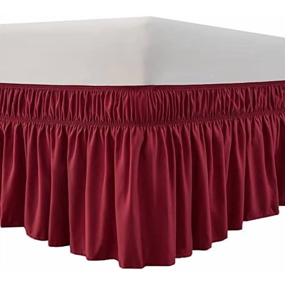 Wrap Around Bed Skirt Three Fabric Sides Elastic Dust Ruffled 14 Inch Tailored Drop,Easy to Install Fade Resistant-Burgundy, Queen/King