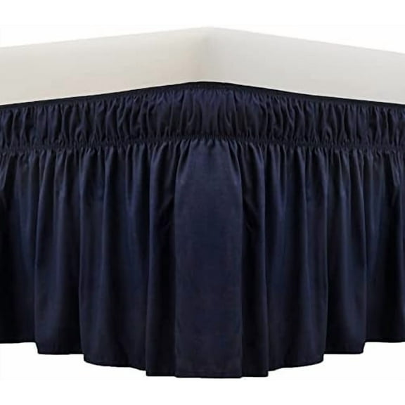 Wrap Around Bed Skirt Three Fabric Sides Elastic Dust Ruffled 24 Inch Tailored Drop,Easy to Install Fade Resistant-Navy Blue, Queen/King