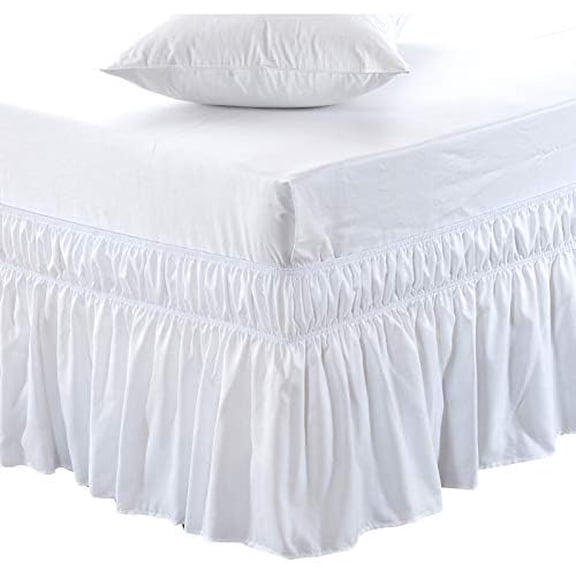 Wrap Around Bed Skirt Three Fabric Sides Elastic Dust Ruffled 24 Inch Tailored Drop,Easy to Install Fade Resistant-White, Queen/King