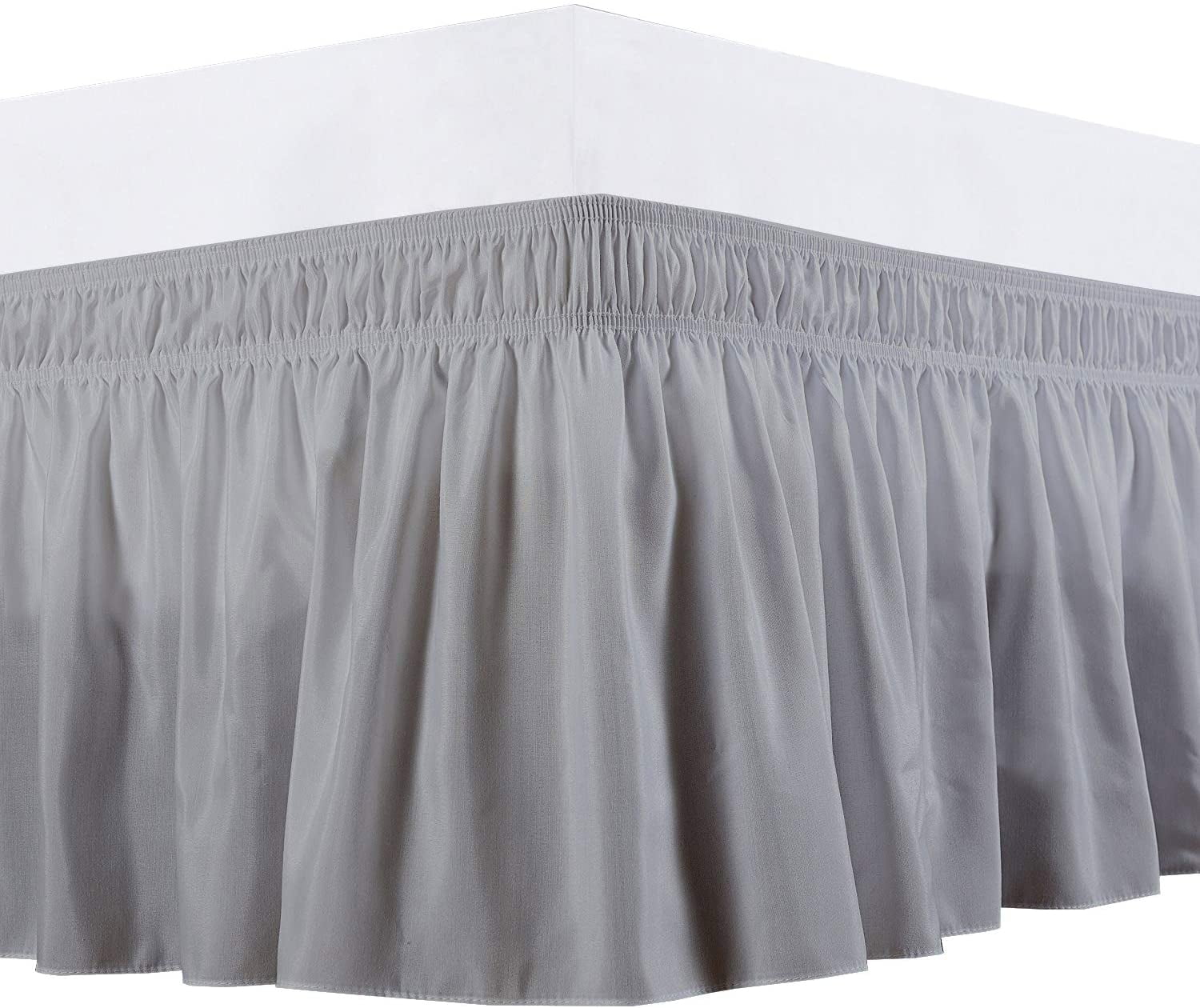 Wrap Around Bed Skirts 12" Drop, Fully Elastic Dust Ruffle, Soft and Luxury, Fade Resistant, Machine Washable Luxurious Fabric, Cal king Size - Light Grey Solid.