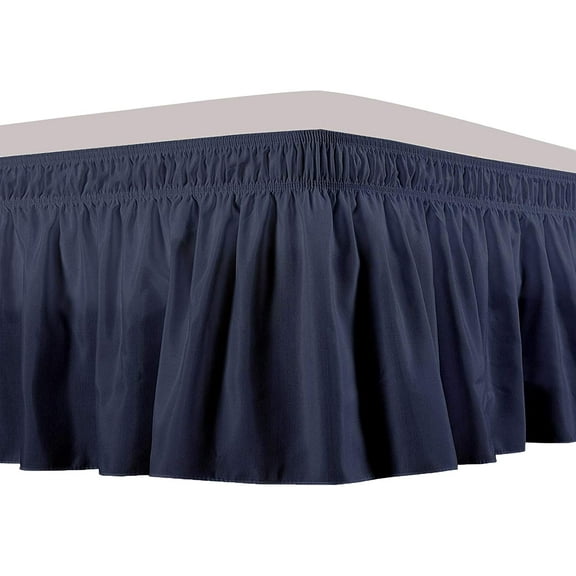 Wrap Around Bed Skirts 12" Drop, Fully Elastic Dust Ruffle, Soft and Luxury, Fade Resistant, Machine Washable Luxurious Fabric, Queen Size - Navy Blue Solid.