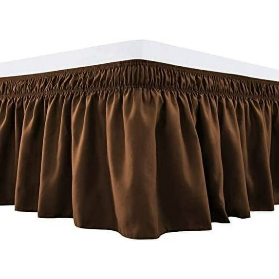 Wrap Around Bed Skirts 14" Drop, Fully Elastic Dust Ruffle, Soft and Luxury, Fade Resistant, Machine Washable Luxurious Fabric, Olympic Queen Size - Chocolate Solid.