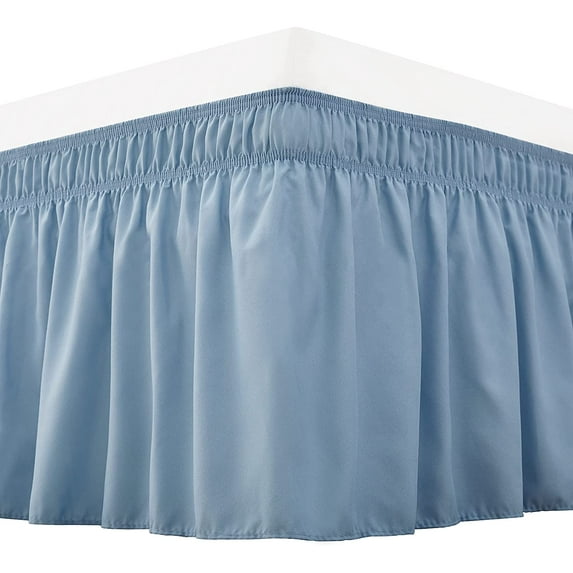 Wrap Around Bed Skirts 15" Drop, Fully Elastic Dust Ruffle, Soft and Luxury, Fade Resistant, Machine Washable Luxurious Fabric, Olympic Queen Size - Light Blue Solid.