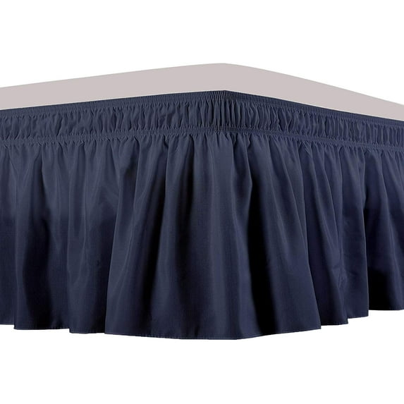 Wrap Around Bed Skirts 30" Drop, Fully Elastic Dust Ruffle, Soft and Luxury, Fade Resistant, Machine Washable Luxurious Fabric, Queen Size - Navy Blue Solid.