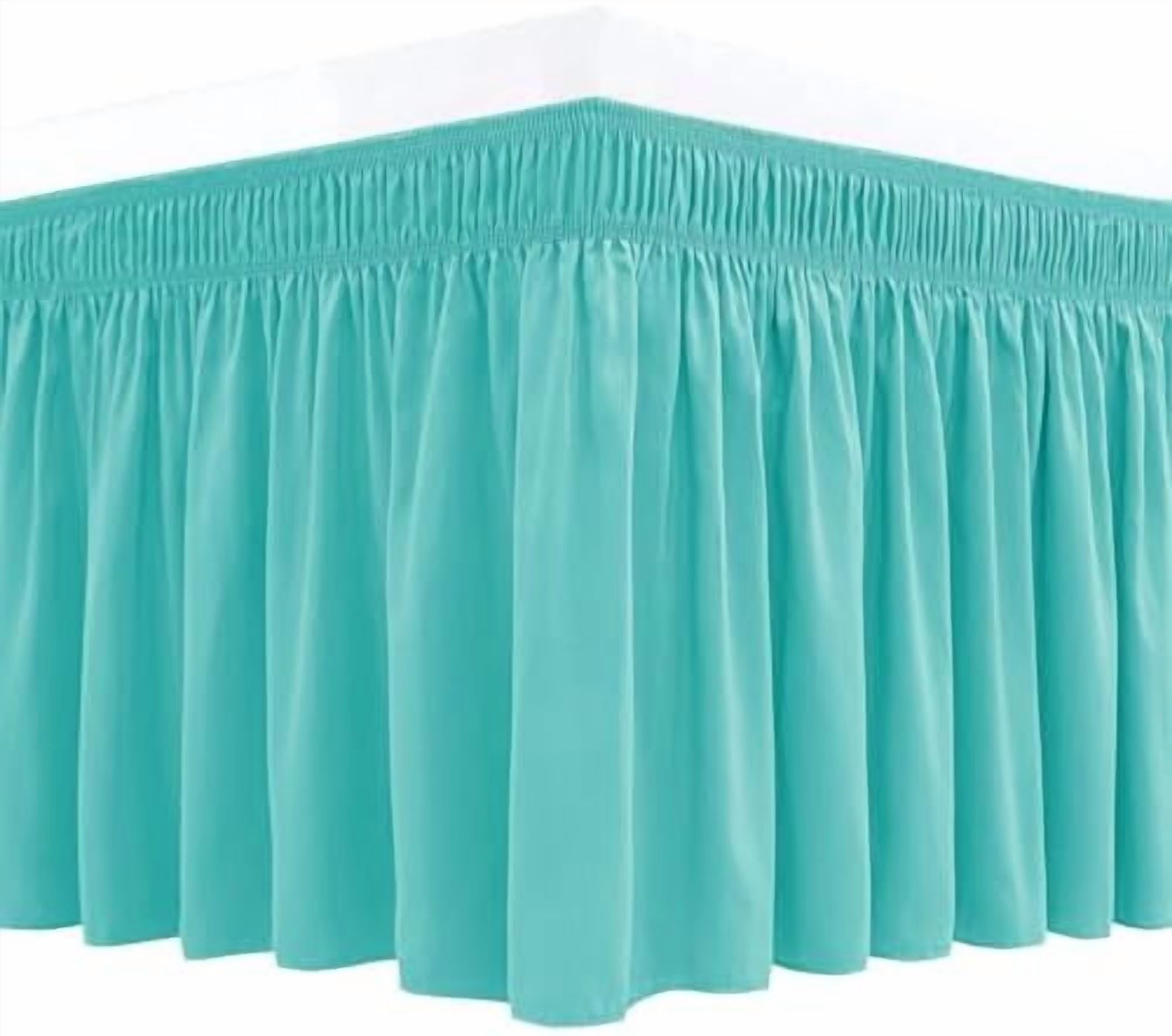 Wrap Around Bed Skirts for King & Cal King Beds with Short Drop of 12", Aqua Adjustable Elastic Dust Ruffles Easy Fit Wrinkle Resistant Silky Luxurious Fabric Machine Washable