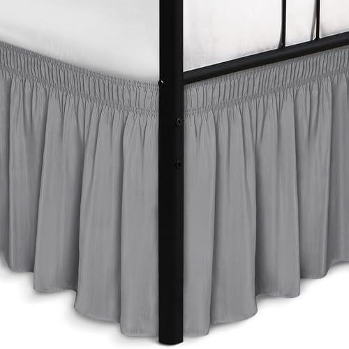 Wrap Around Bed Skirts with Split Corners for Full Beds 14" Drop, Silver Grey Elastic Dust Ruffles Adjustable Easy Fit Wrinkle & Fade Resistant Silky Luxurious Fabric Machine Washable